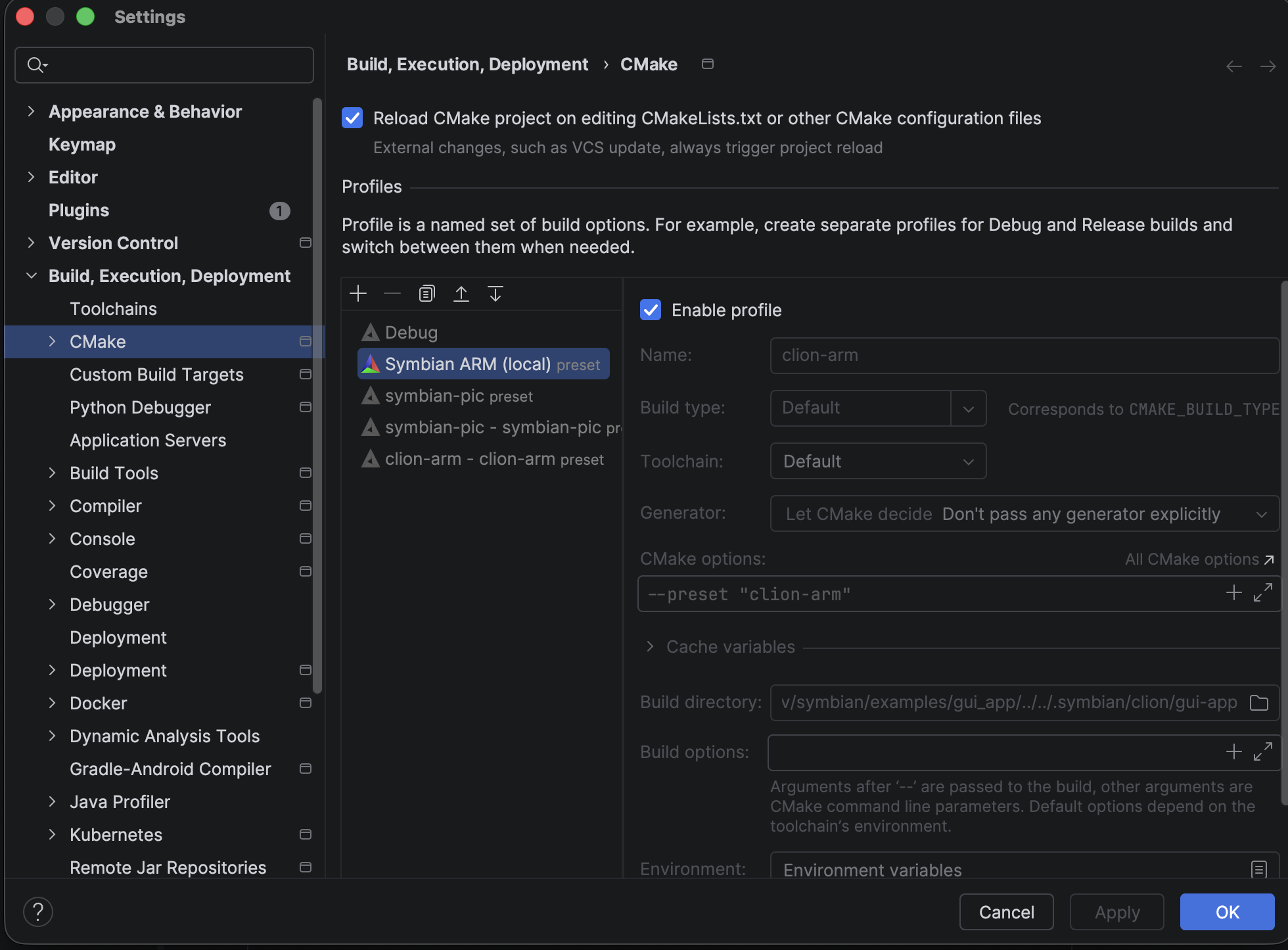 CMake settings showing an enabled Symbian ARM local preset in the prepared IntelliJ IDEA CLion plugin project.