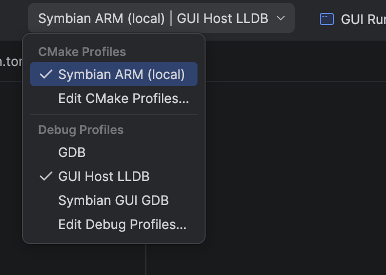 The IDE profile selector showing the enabled ARM CMake profile, GUI Host LLDB and Symbian GUI GDB.