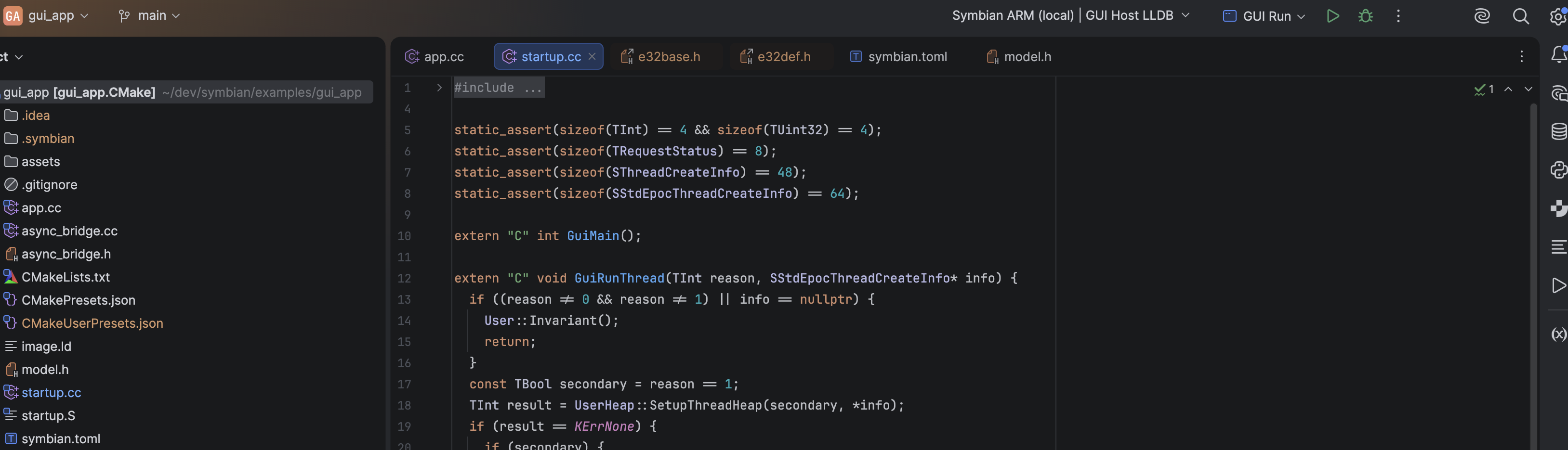 The GUI example open in IntelliJ IDEA with the CLion plugin: source tree, ARM profile and GUI Run control.