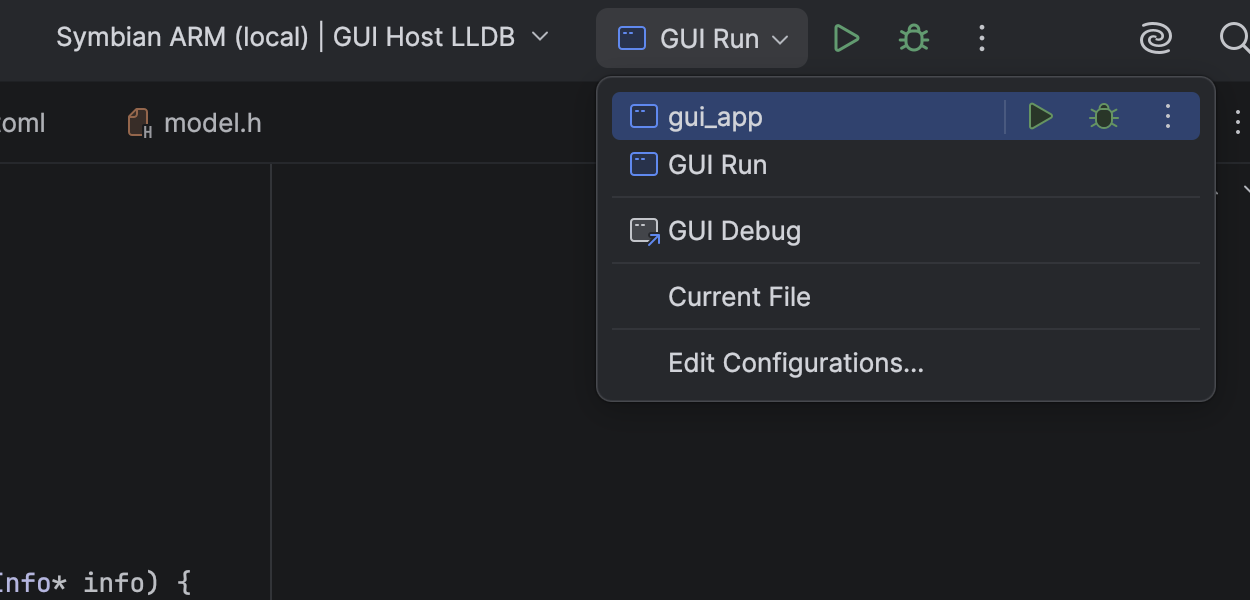 The IntelliJ IDEA CLion plugin run selector showing GUI Run and GUI Debug.