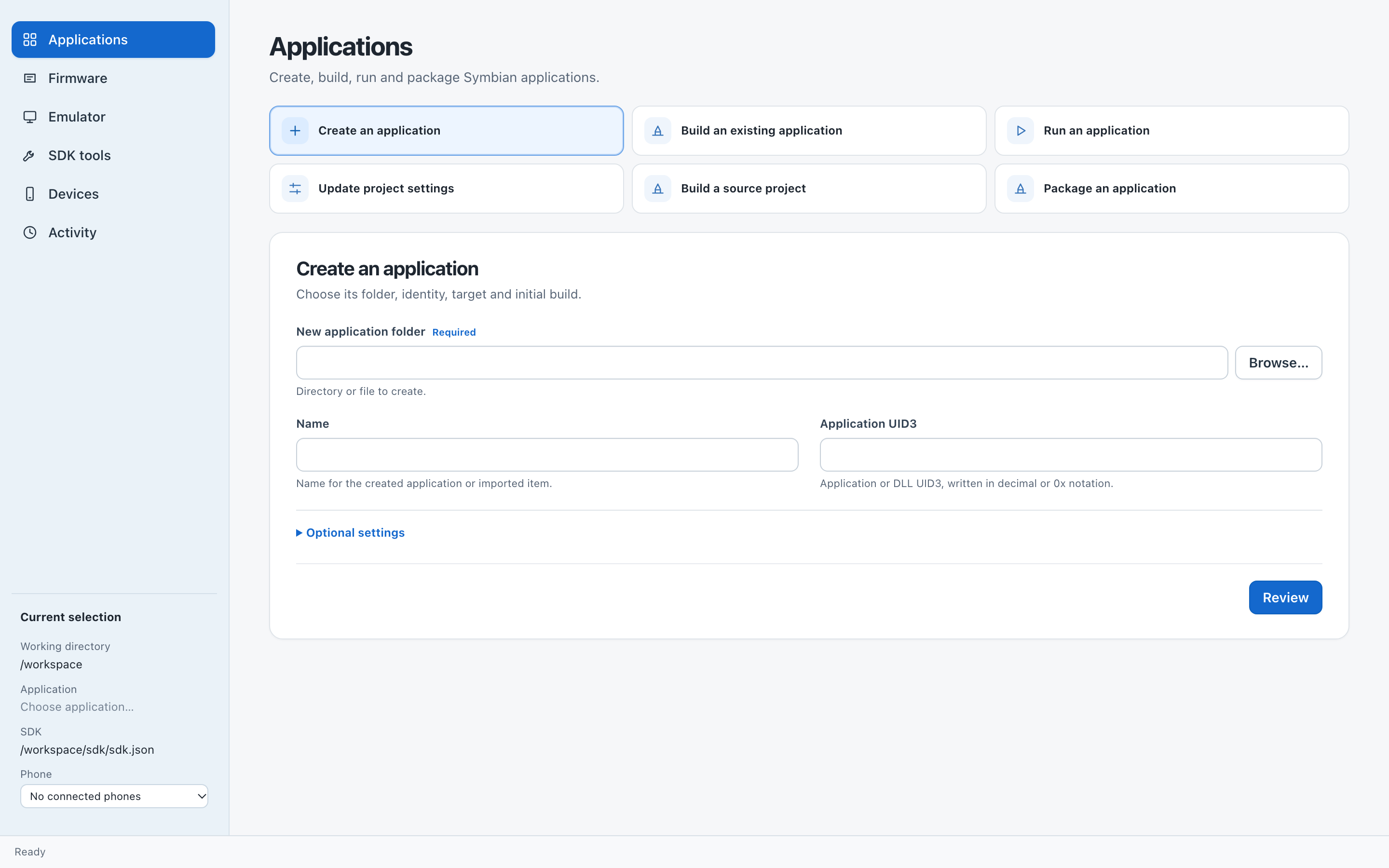The Applications page showing Create, Build, Run and Package choices and the Create form.